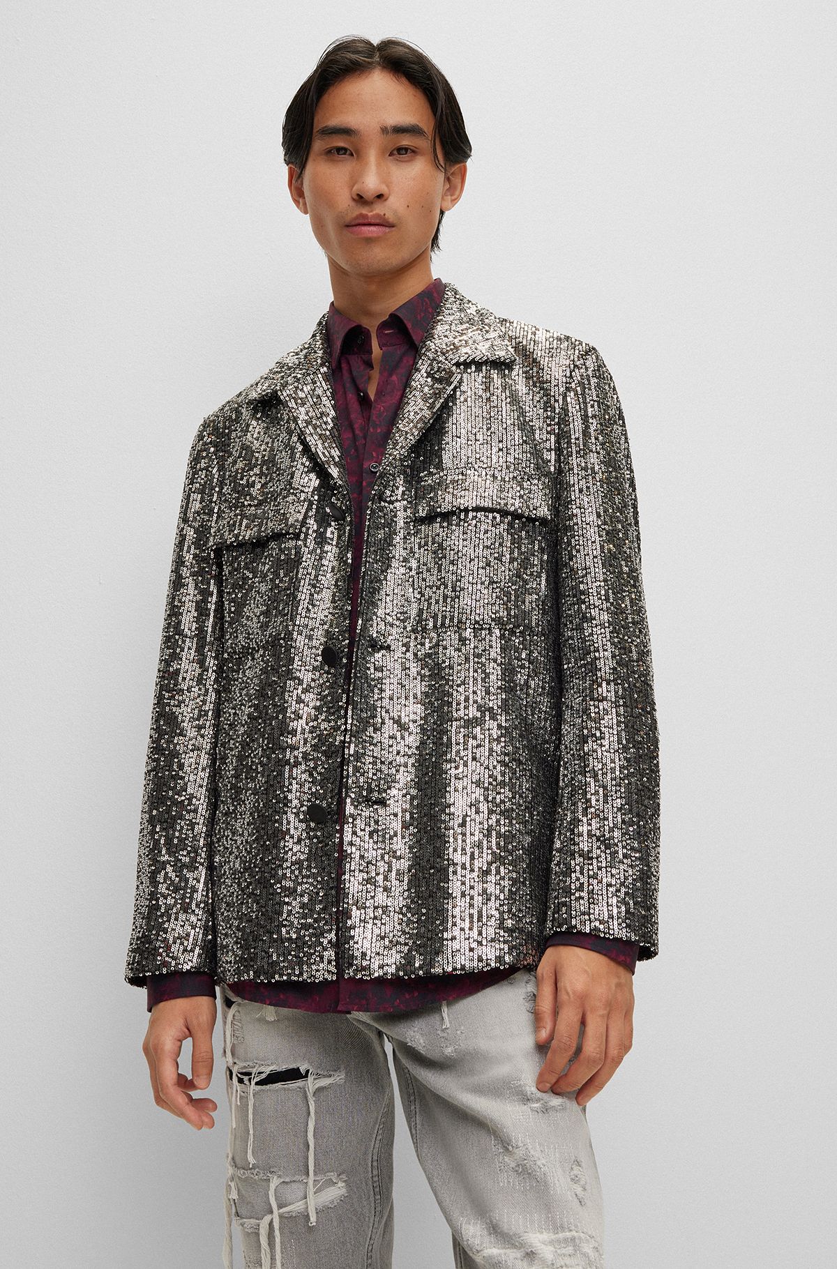 Regular-fit jacket in sequinned satin, Silver