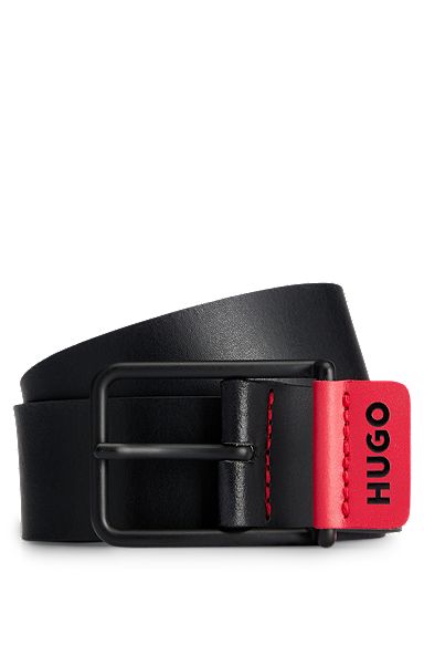 Cinturón de piel con ribete de logo en el rojo de la marca, Negro