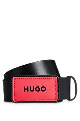 Leather belt with interchangeable buckle patches, Black