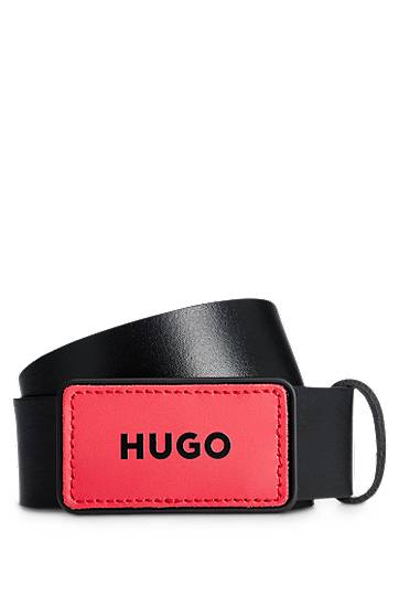Leather belt with interchangeable buckle patches, Hugo boss