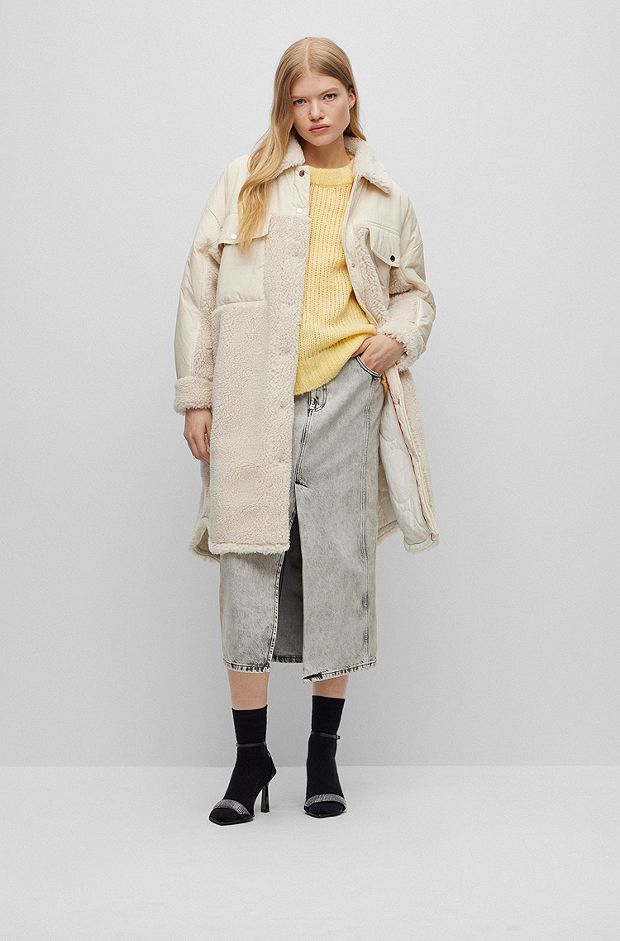 Oversized-fit jacket in mixed materials with quilted lining, Natural