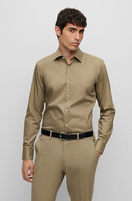 Slim-fit overhemd van gemakkelijk te strijken katoenen popeline, Donkergroen