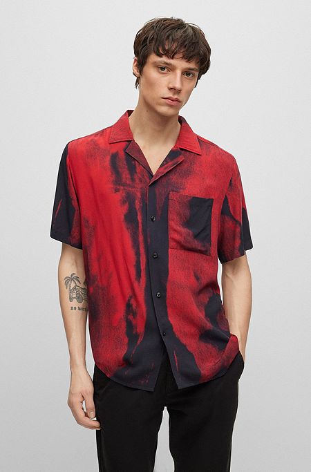 Camicia relaxed fit in popeline con stampa dip-dye, Rosso scuro