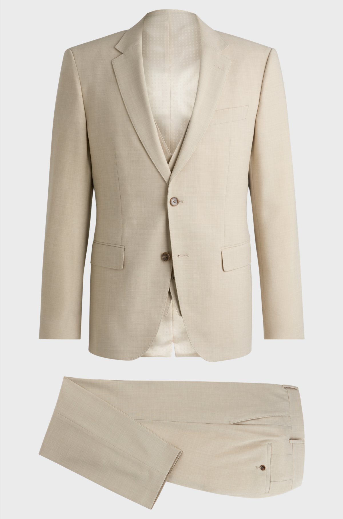 Three-piece slim-fit suit in micro-patterned fabric, Light Beige