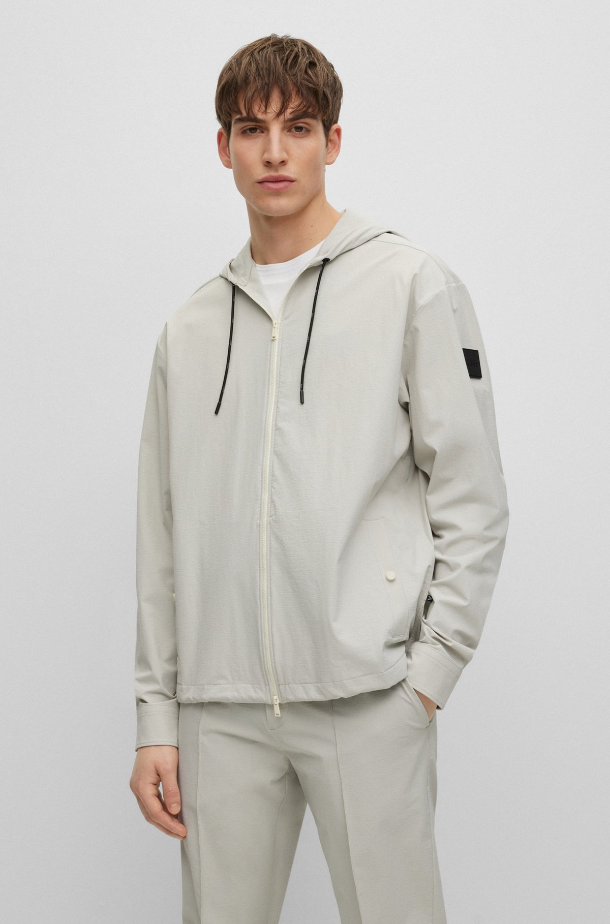 BOSS - Relaxed-fit hooded shirt in performance-stretch fabric