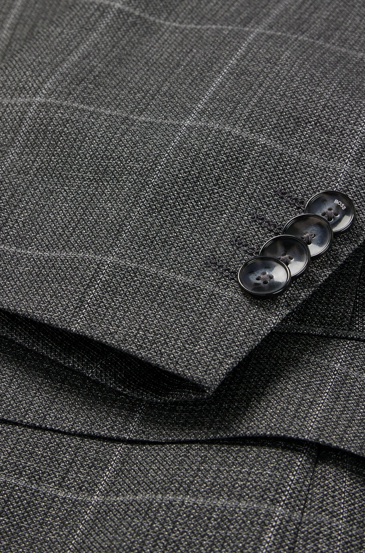 Three-piece regular-fit suit in checked virgin wool, Dark Grey