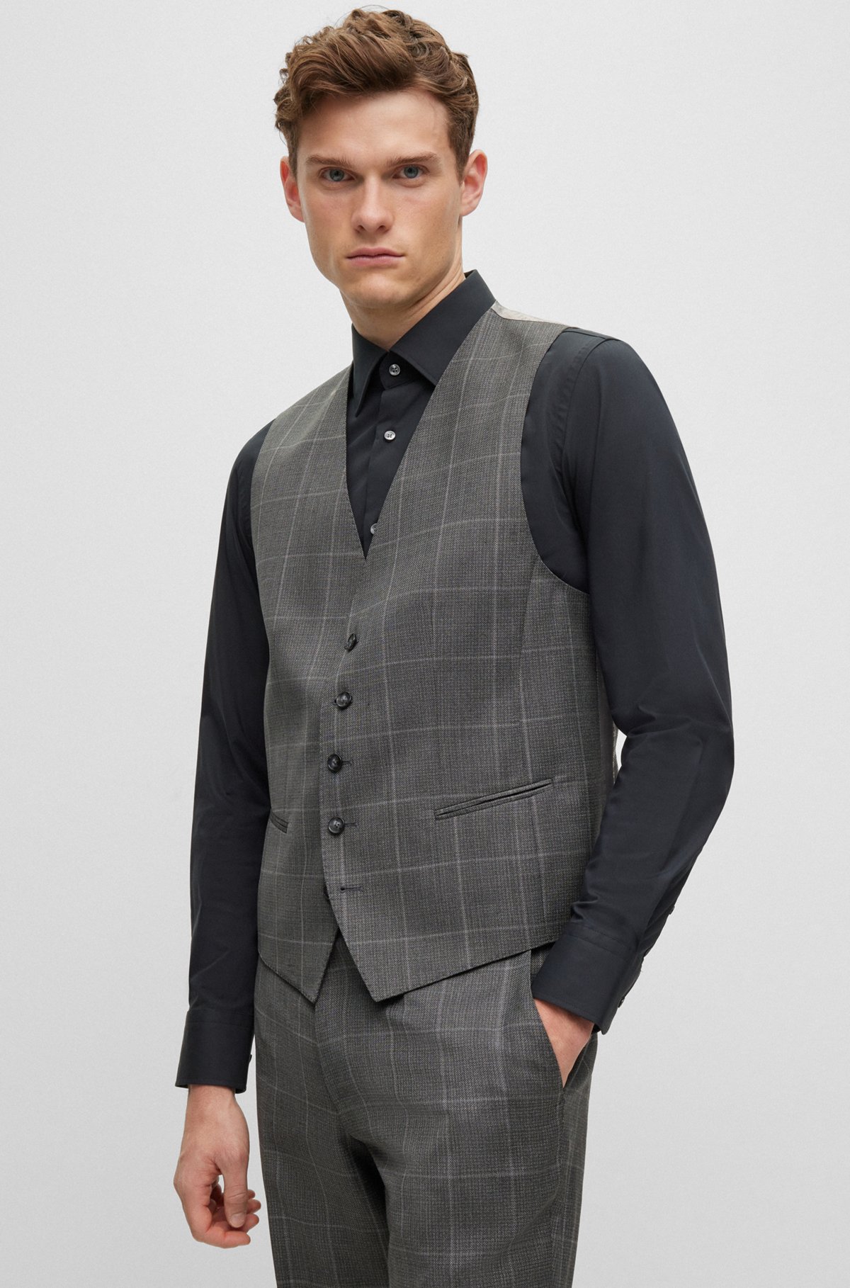 Three-piece regular-fit suit in checked virgin wool, Dark Grey