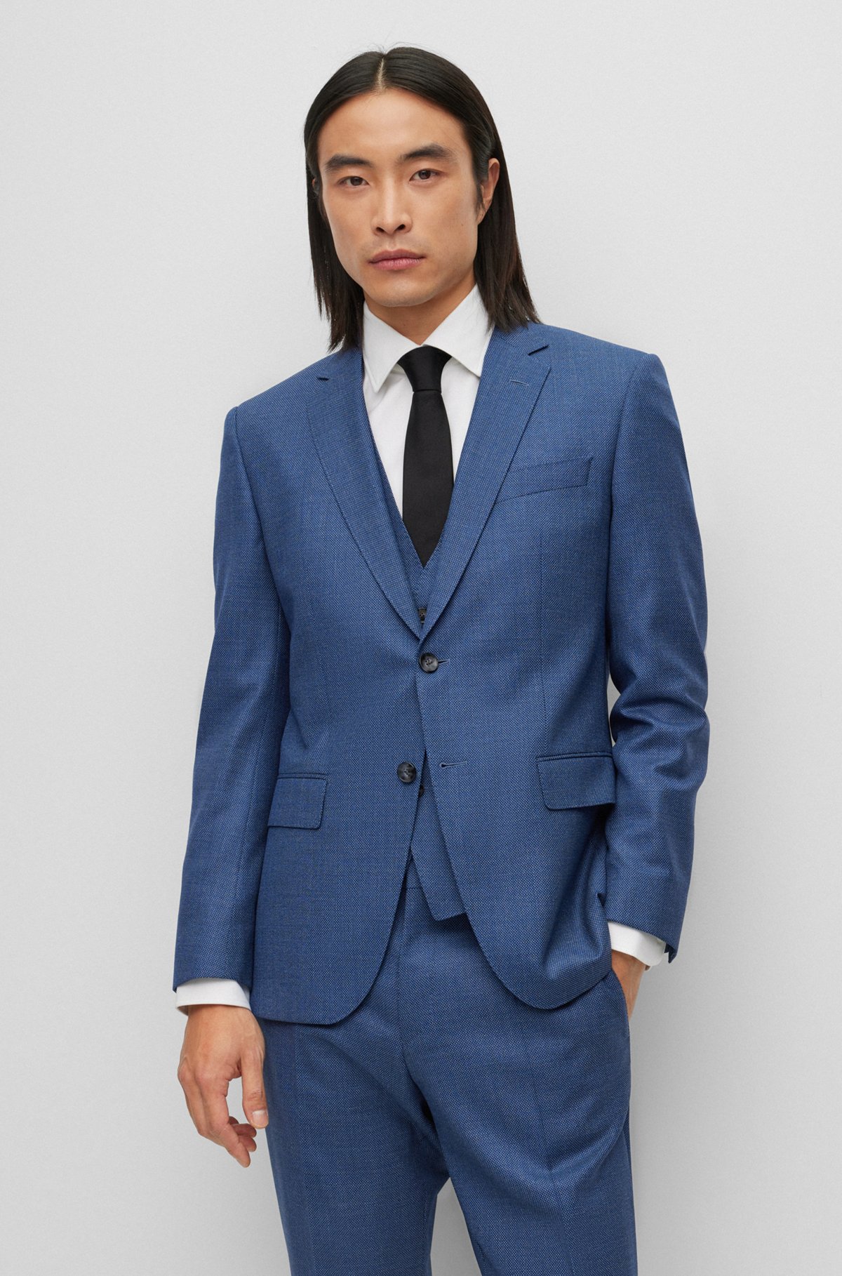 Three-piece slim-fit suit in a wool blend, Blue