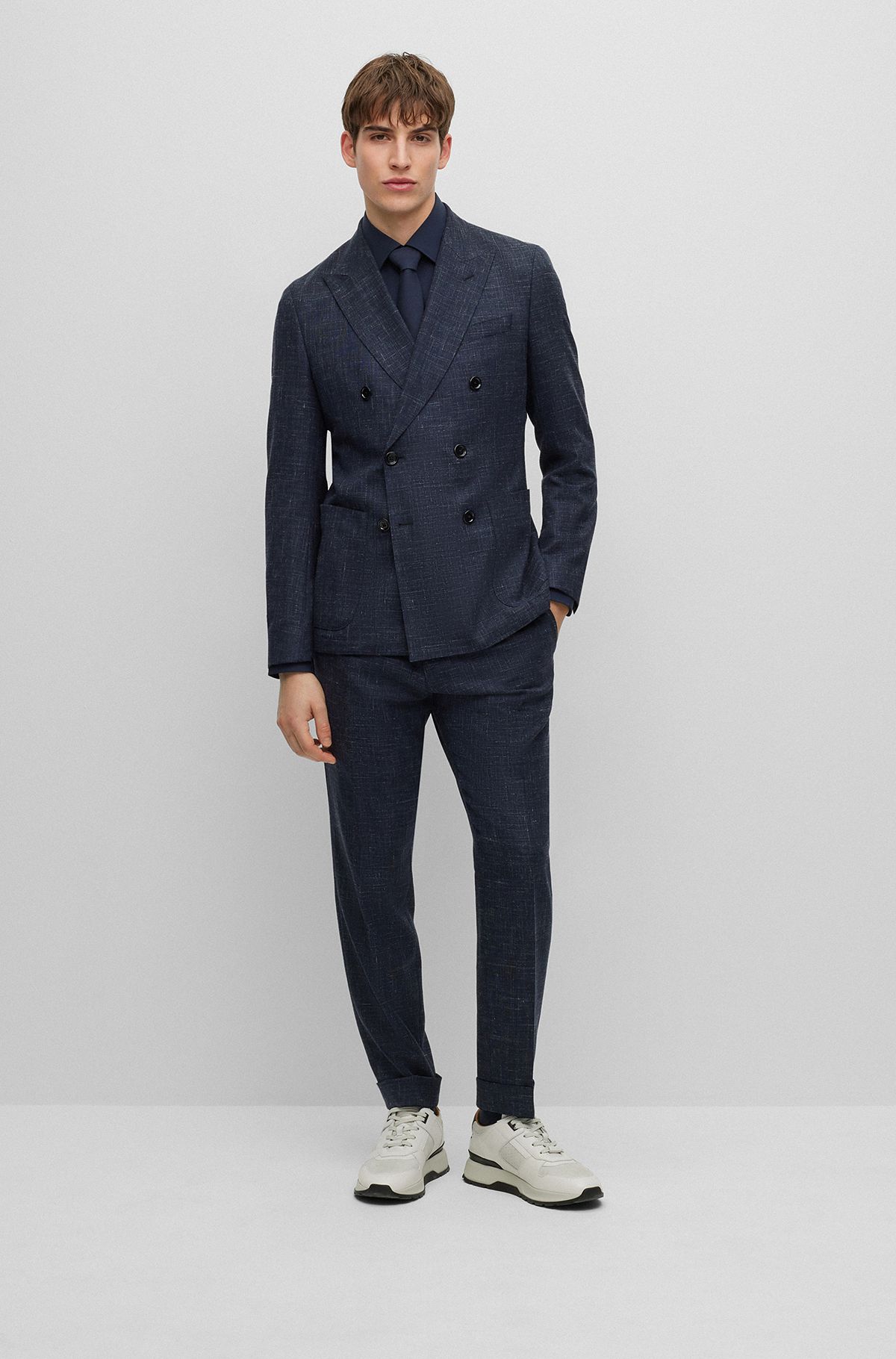 Slim-fit suit in a patterned wool blend, Dark Blue