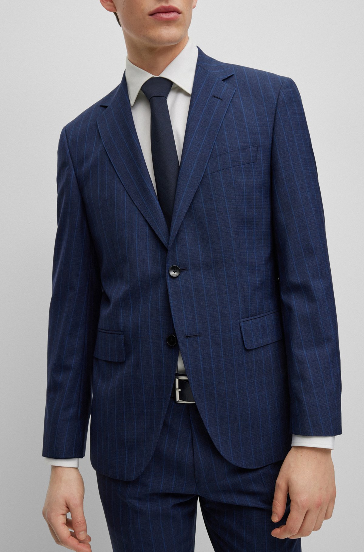 Regular-fit suit in striped virgin wool, Dark Blue