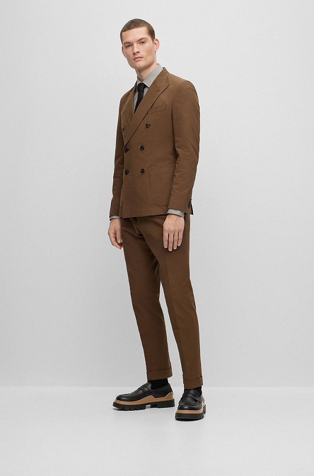 Slim-fit suit in stretch-cotton seersucker, Dark Brown