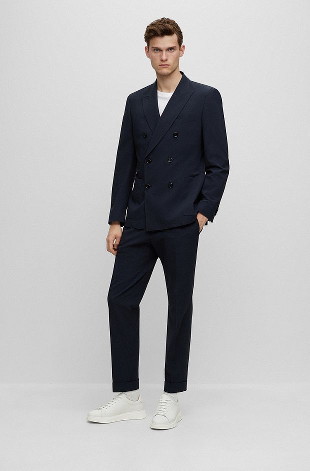 Slim-fit suit in stretch-cotton seersucker, Dark Blue