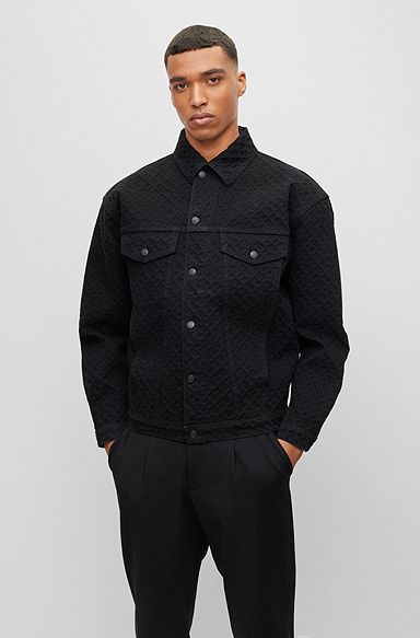 Regular-fit jas van katoendenim met monogramreliëf, Zwart