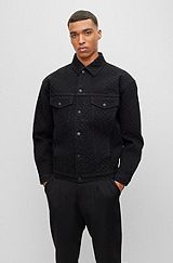 Regular-fit jacket in monogram-embossed cotton denim, Black