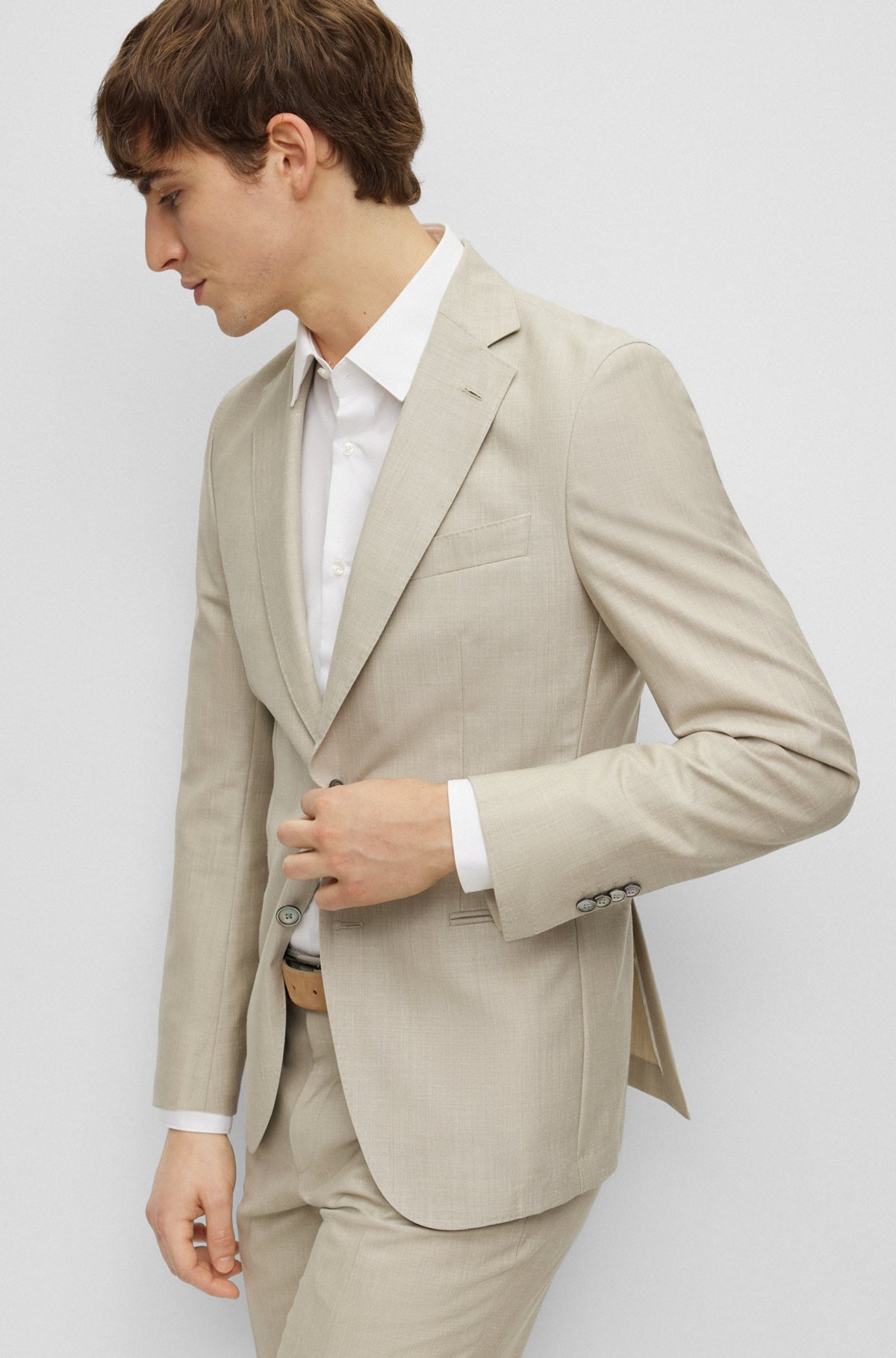 Slim-fit suit in wool, Tussah silk and linen, Beige