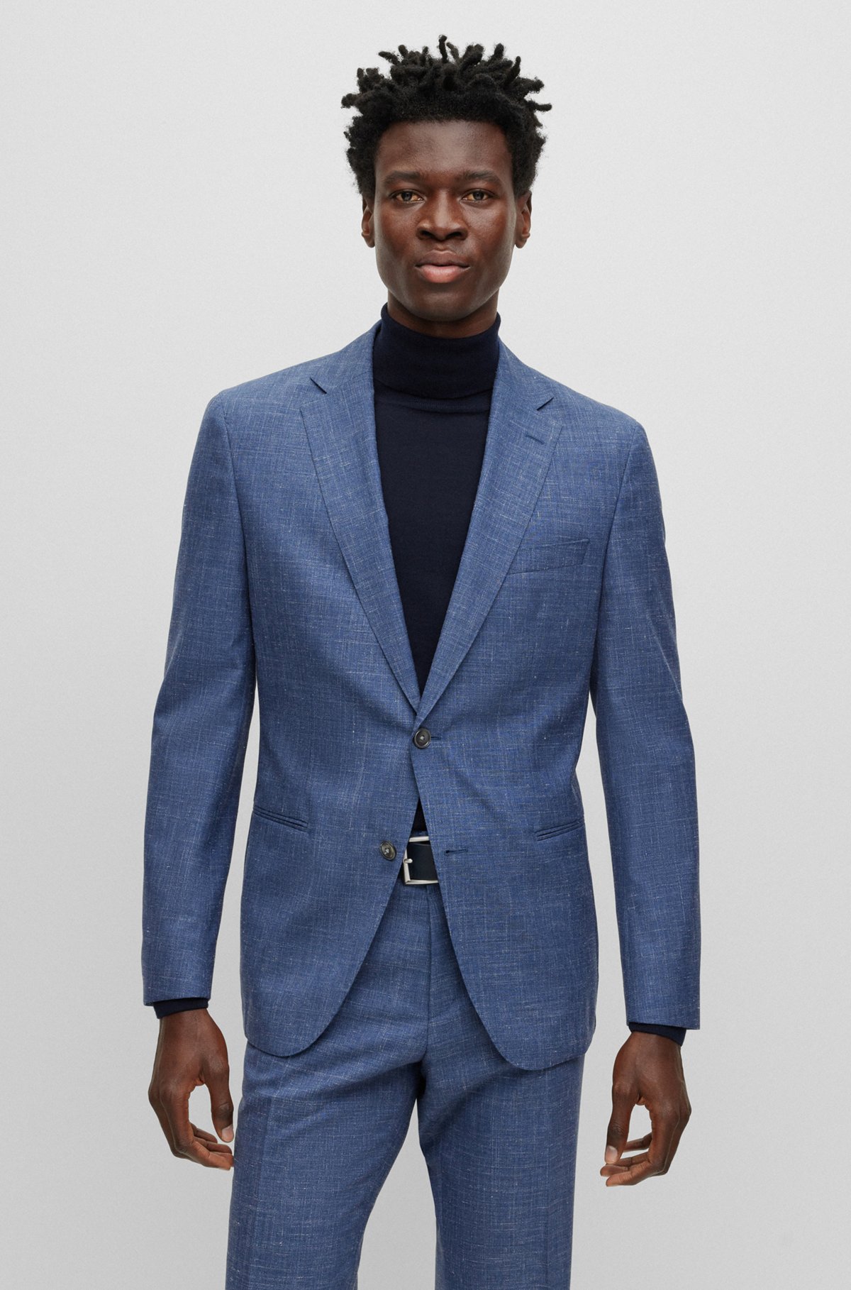 Slim-fit pak van wol, Tussahzijde en linnen, Blauw