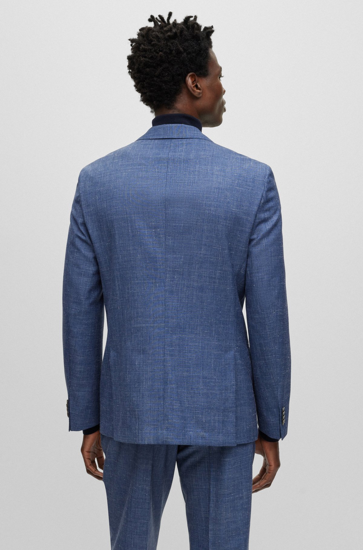 Slim-fit pak van wol, Tussahzijde en linnen, Blauw