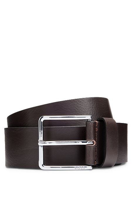 Italian-leather belt with branded pin buckle, Dark Brown