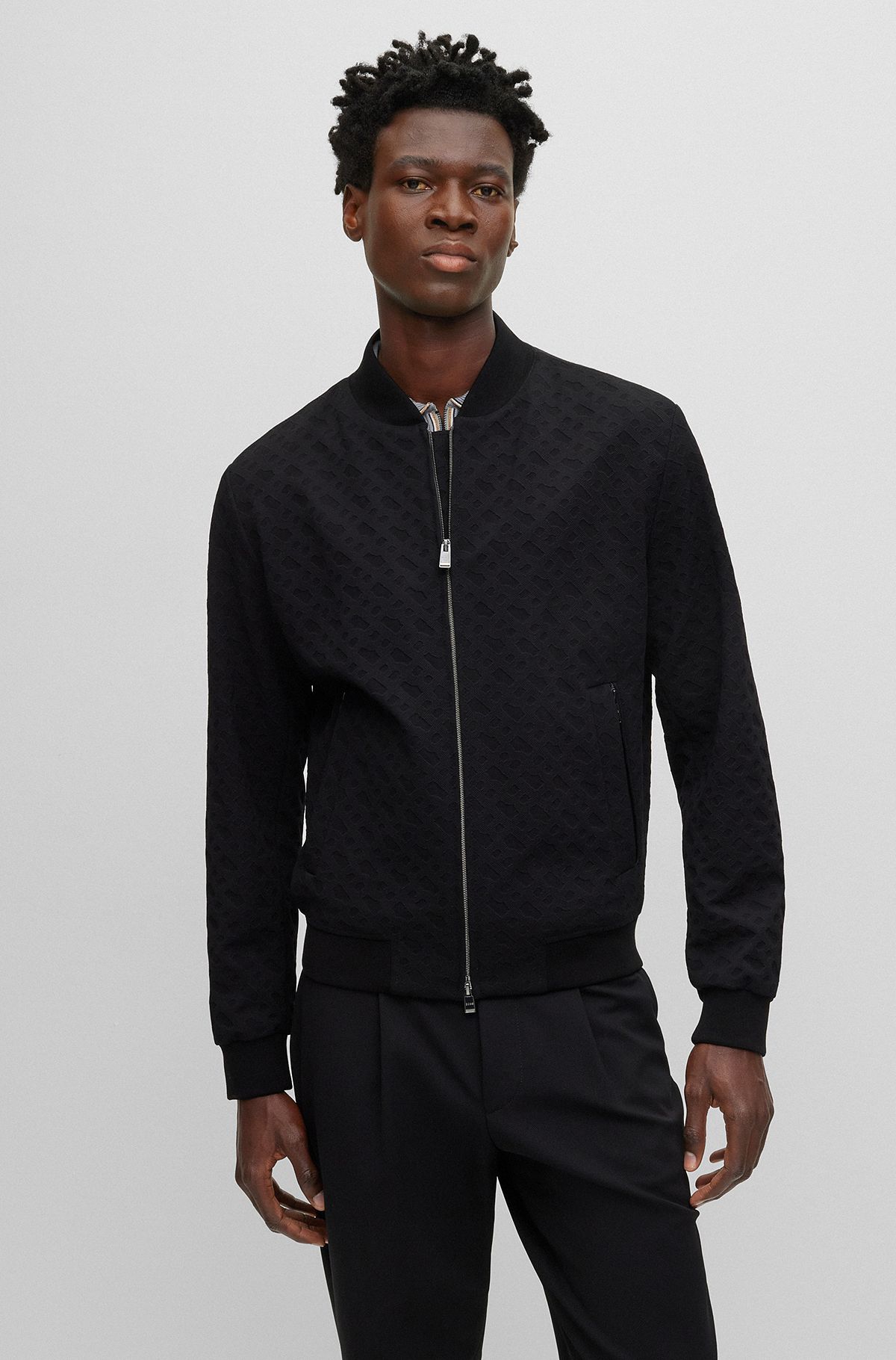 Slim-fit jacket in monogram-jacquard stretch material, Black
