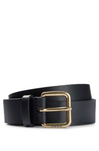 Smooth-leather belt with antique-brass buckle, Black