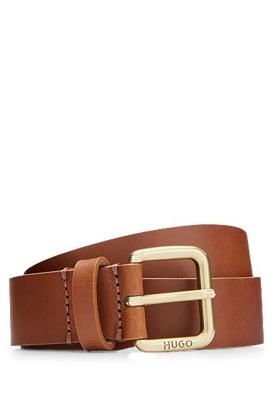 Smooth-leather belt with antique-brass buckle, Brown
