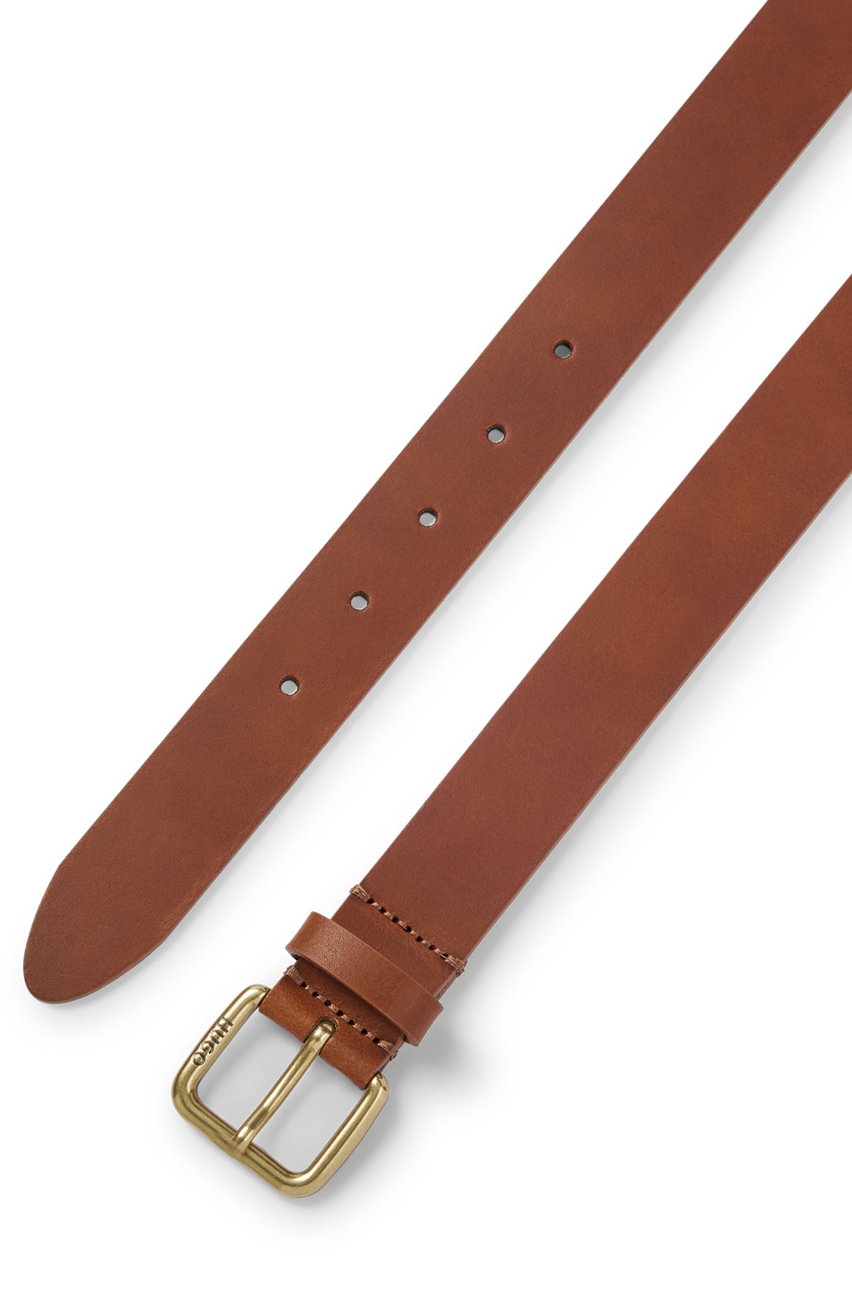 Smooth-leather belt with antique-brass buckle, Brown