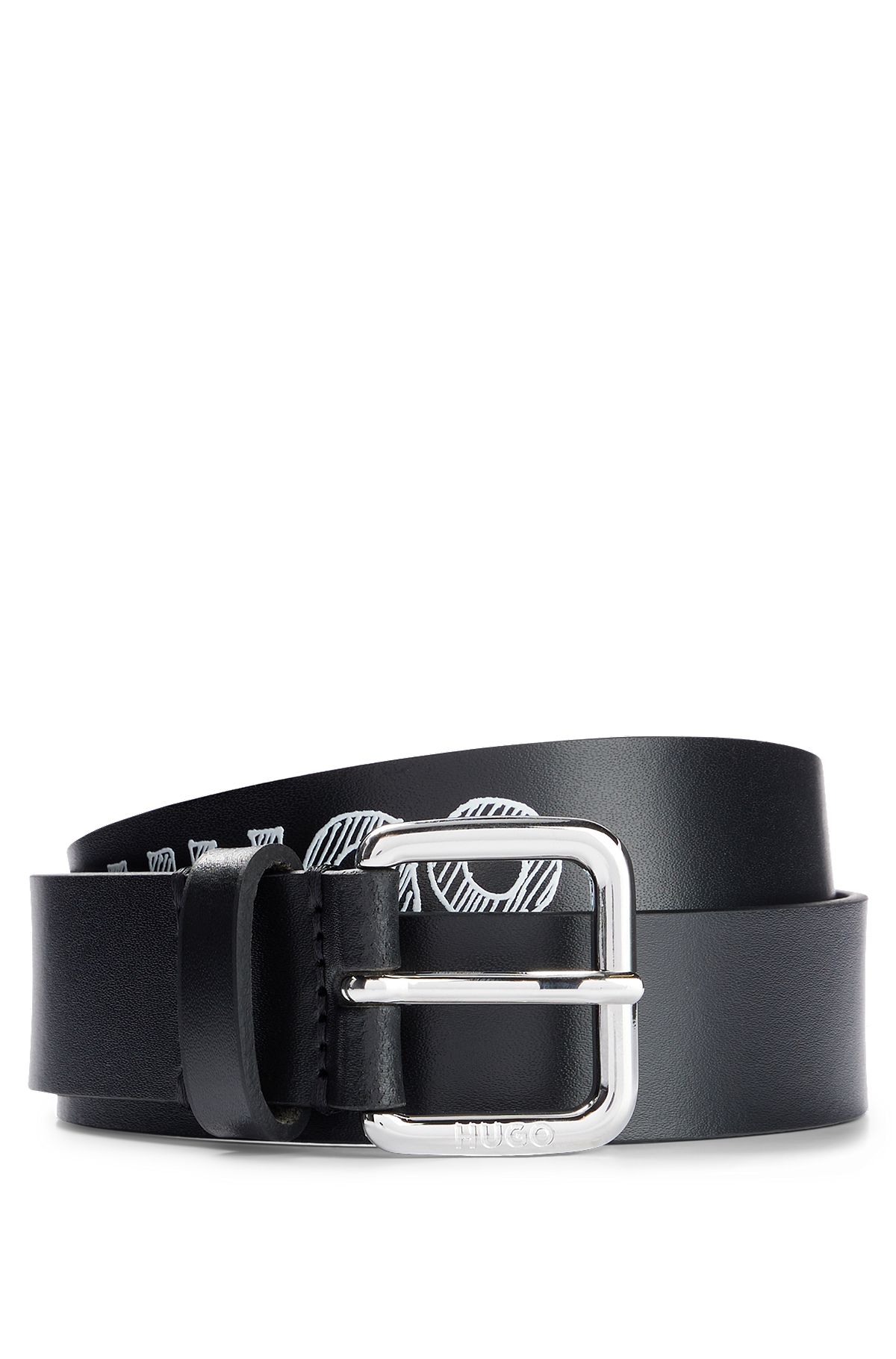 Italian-made belt in leather with logo-detail strap, Black