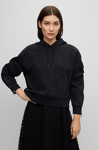 Cotton-terry hoodie with zipped cuffs, Black