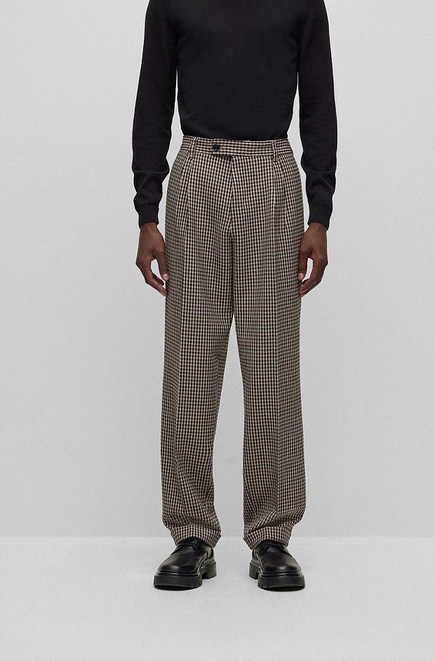 Relaxed-fit trousers in checked stretch cloth, Dark Brown