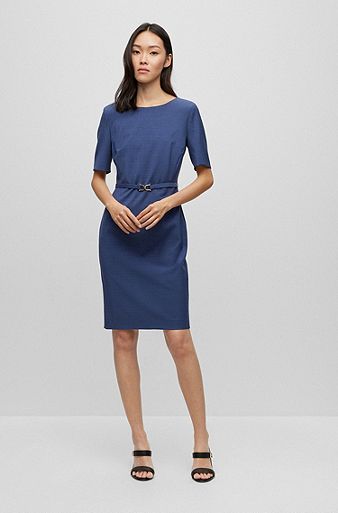 Cropped-sleeve dress in responsible virgin wool, Dark Blue