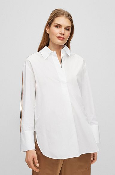 Блузка стандартного кроя из хлопка с отделкой на рукавах, Белый