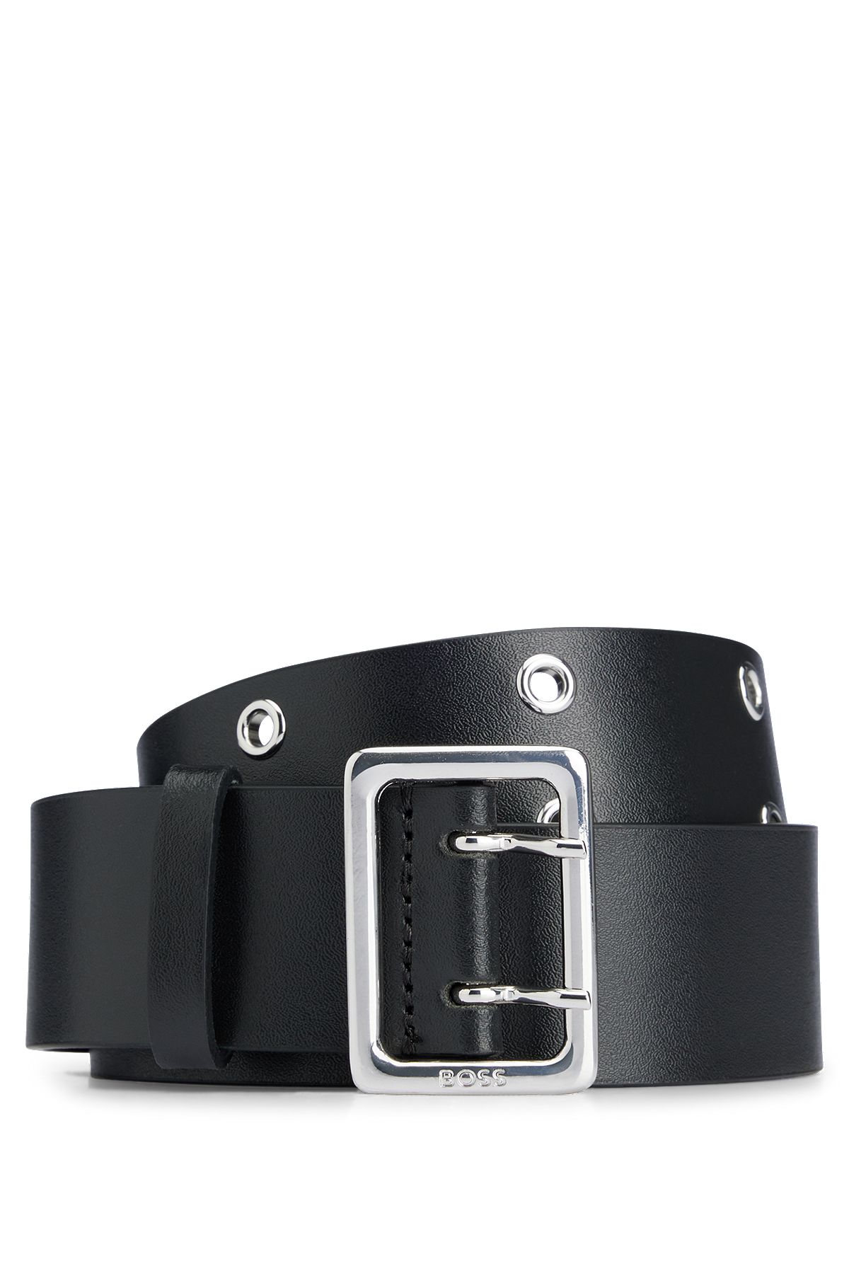 Pin-buckle belt in Italian leather with metal eyelets, Black