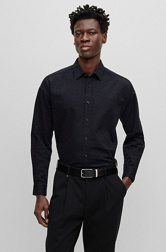 Relaxed-Fit Hemd aus Baumwoll-Twill mit Monogrammen, Schwarz