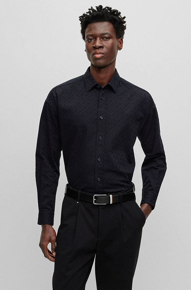 Relaxed-fit shirt in monogrammed cotton twill, Black