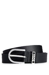 Grained-leather belt with polished-silver logo keeper, Black