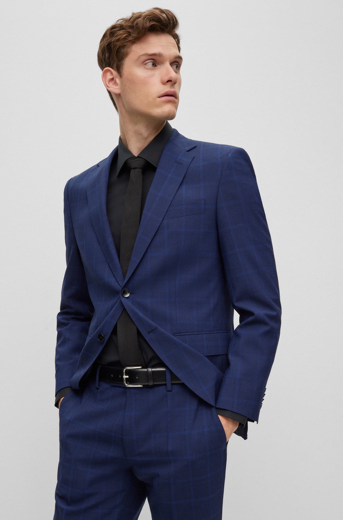 Regular-fit suit in checked stretch cloth, Dark Blue