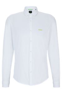 Camicia regular fit in jersey di cotone con colletto button down, Bianco