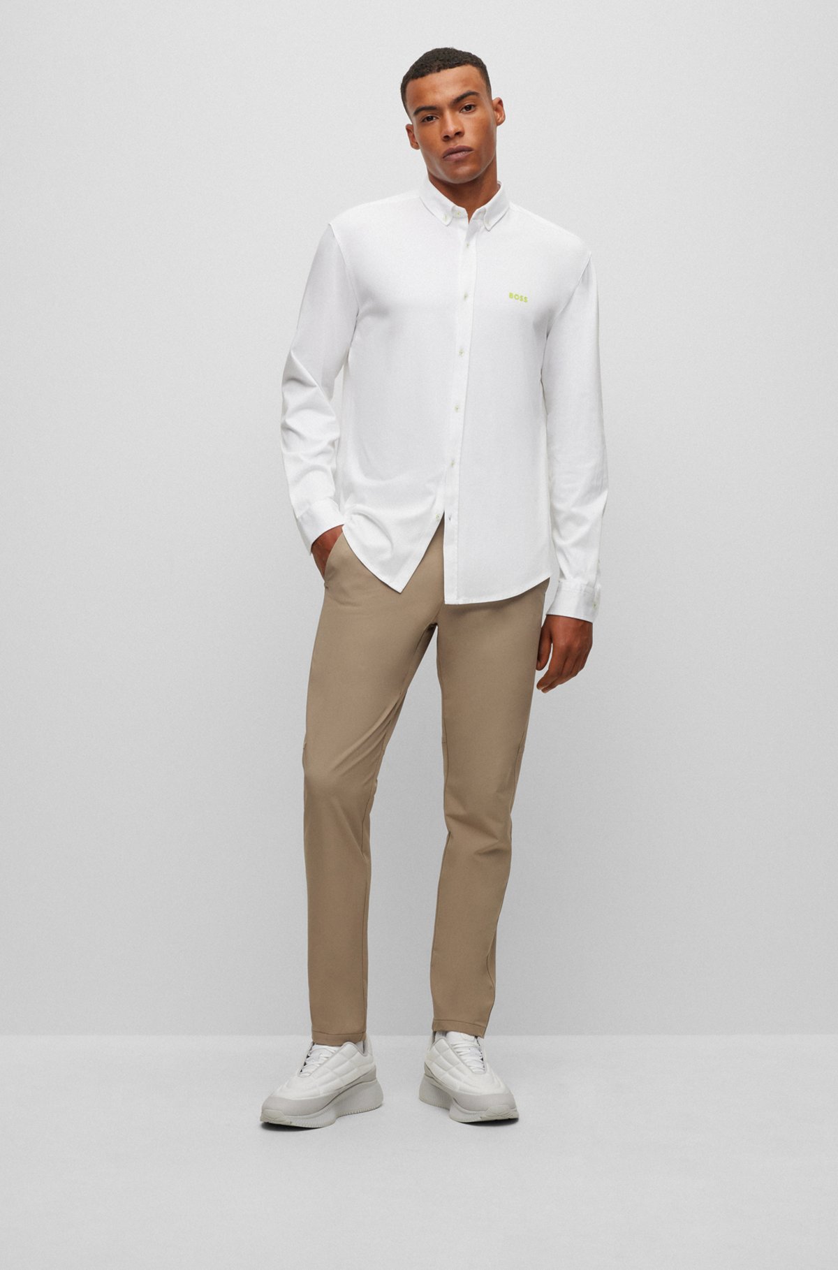 Chemise Regular Fit en jersey de coton à pointes boutonnées, Blanc