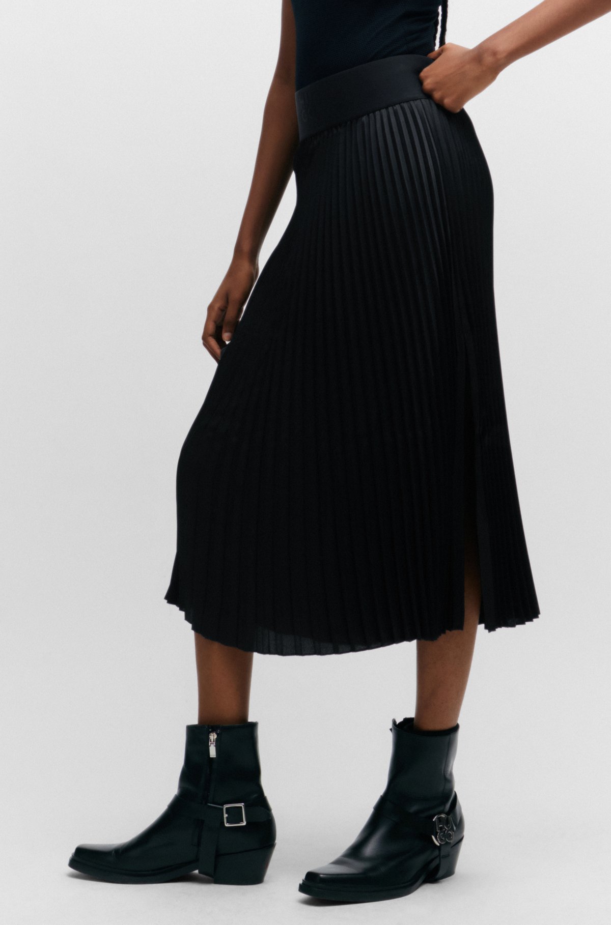 Plissé pleated midi skirt with stacked-logo waistband, Black