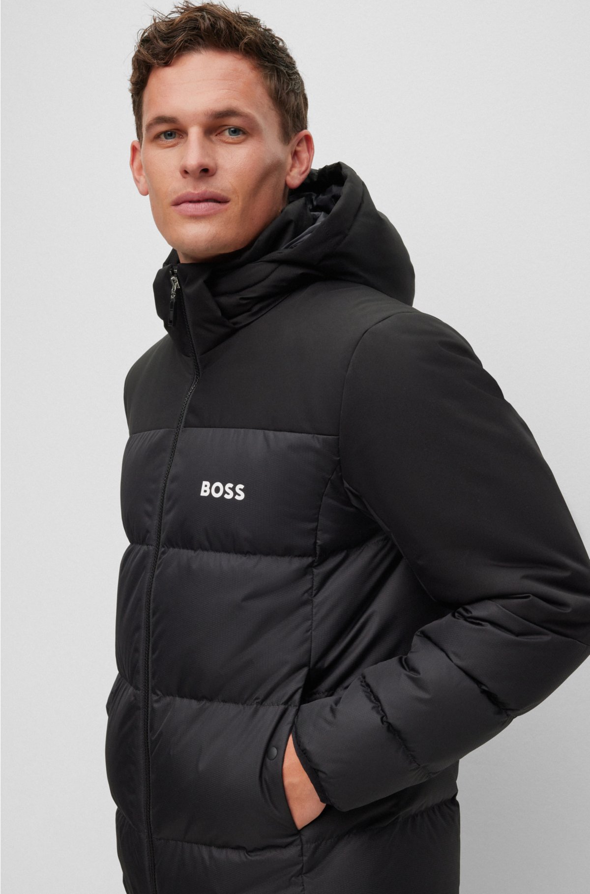 Regular-fit water-repellent down jacket with logo detail, Black