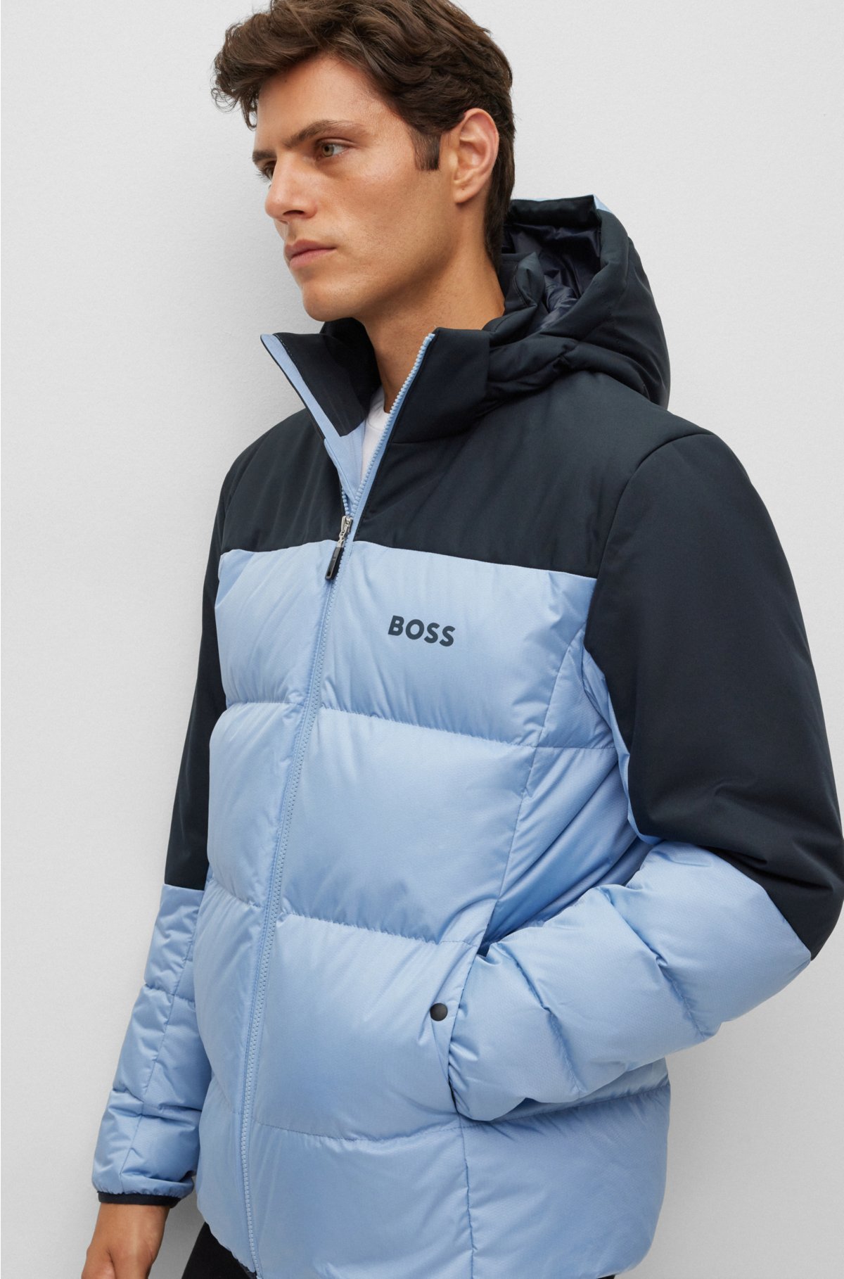 Regular-fit water-repellent down jacket with logo detail, Light Blue