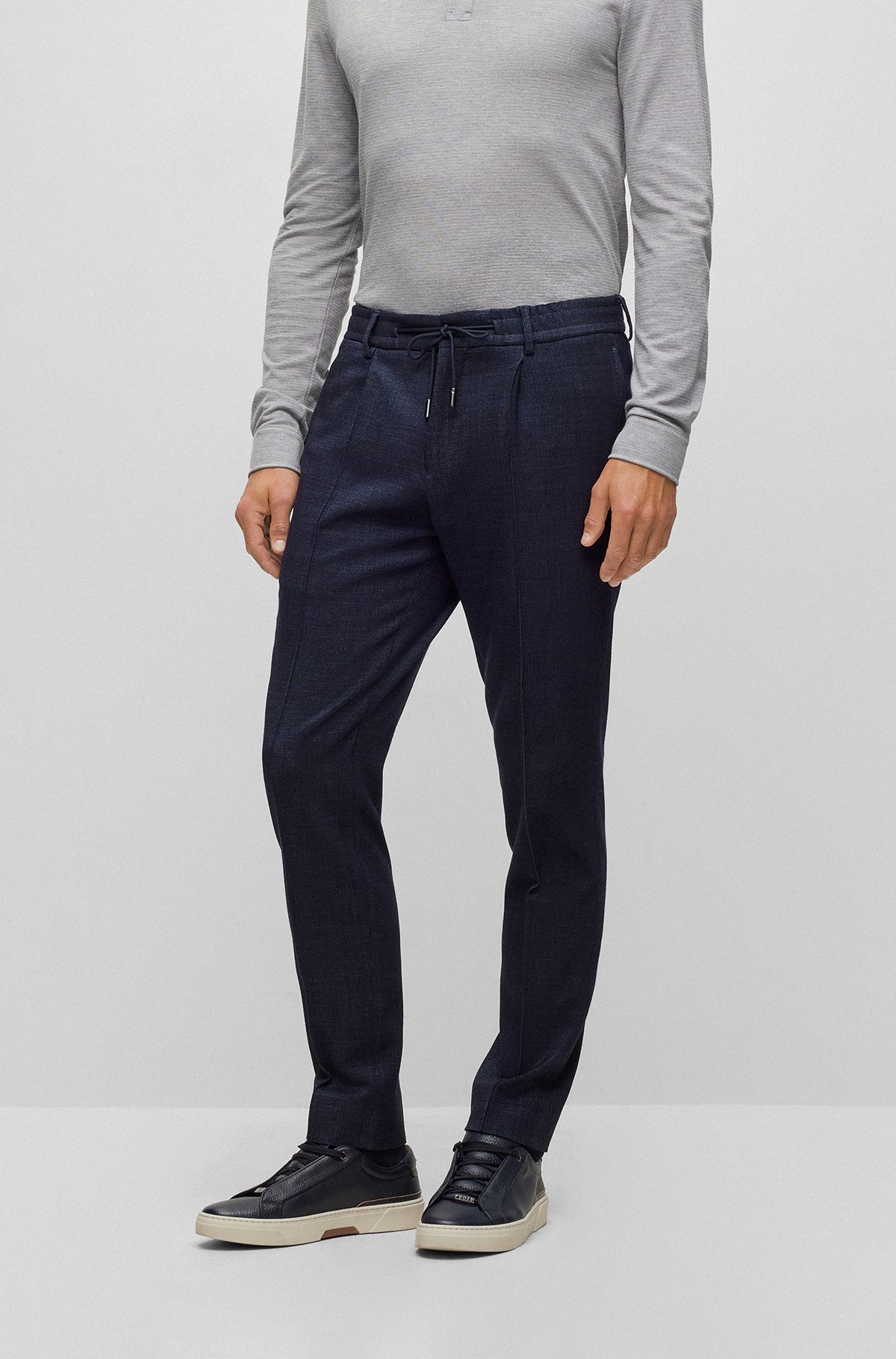 Slim-fit trousers in a wool blend with silk, Dark Blue