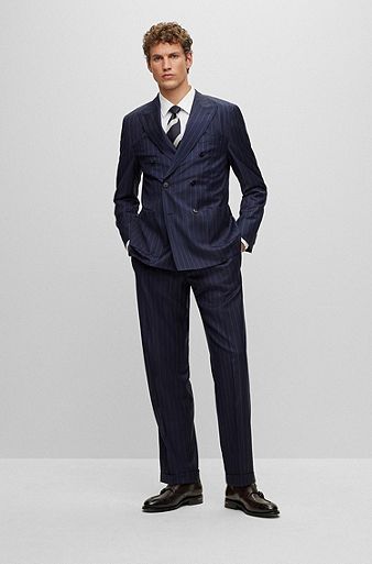 Zweireihiger Slim-Fit Anzug aus gestreifter Schurwolle, Dunkelblau