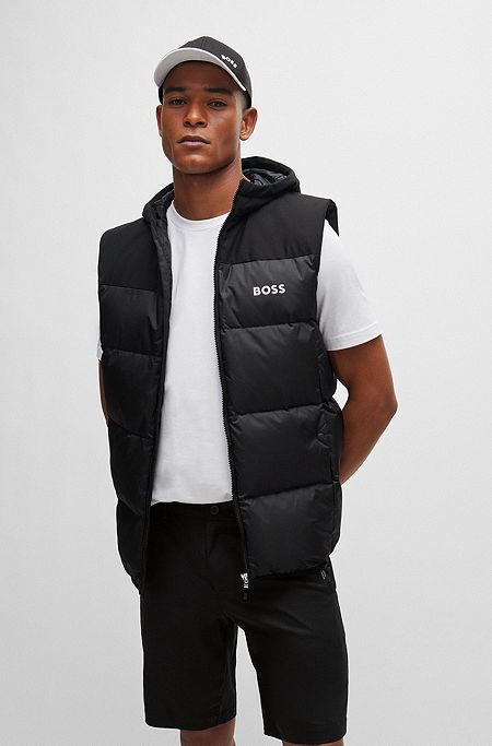 Water-repellent hooded gilet with logo detail, Black