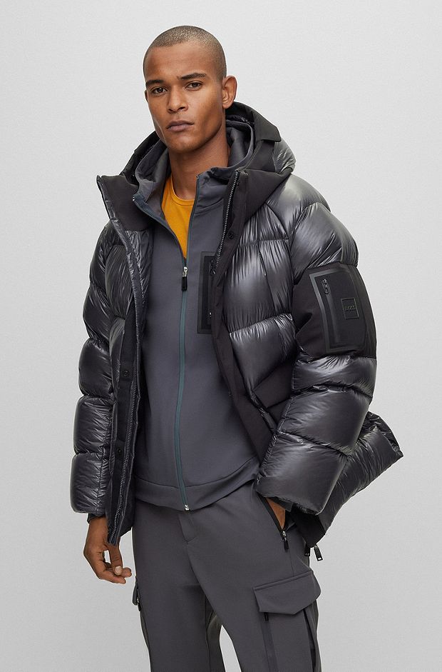 Oversized-fit water-repellent jacket in mixed materials, Dark Grey