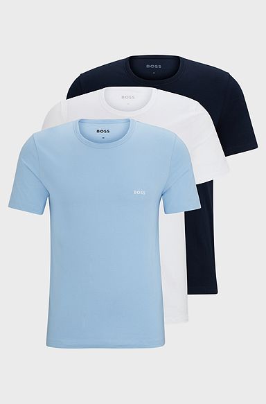 Paquete de tres camisetas interiores con logo en punto de algodón, Blanco / Azul oscuro