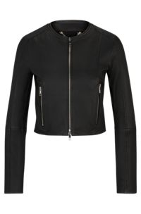 Collarless leather jacket in a slim fit, Black