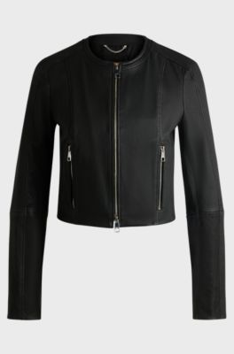 Collarless leather jacket in a slim fit, Black
