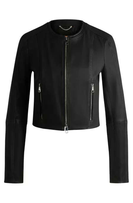 Kragenlose Slim-Fit Lederjacke