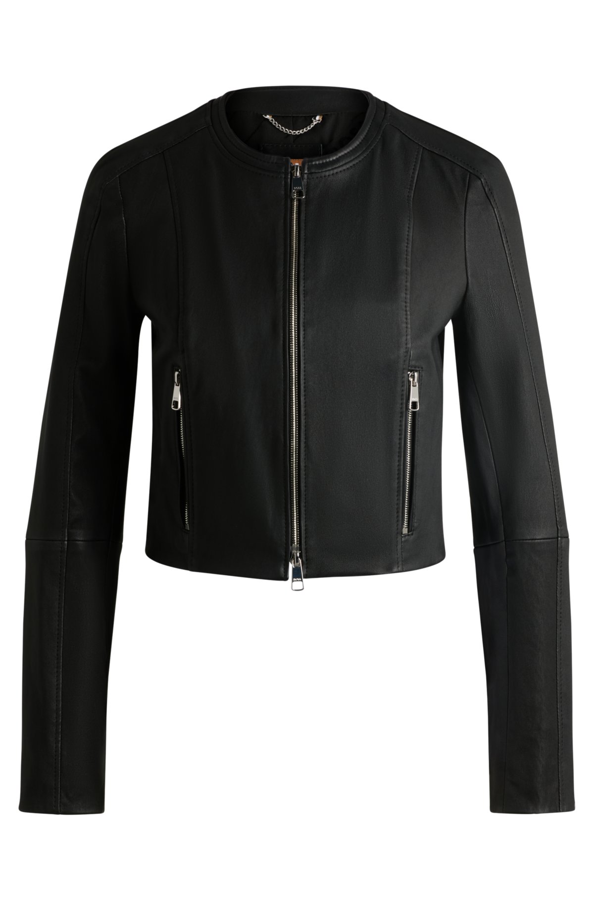 BOSS - Collarless slim-fit jacket in rich leather